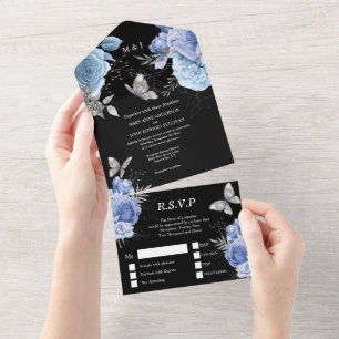 Blue black silver glam butterfly rose floral chic all in one invitation