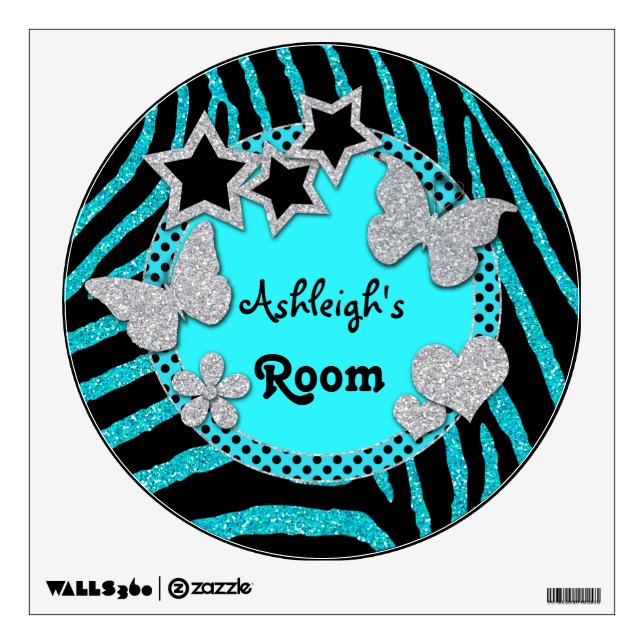 Blue Black Silver Glitter LOOK Zebra Wall Decal (Front)