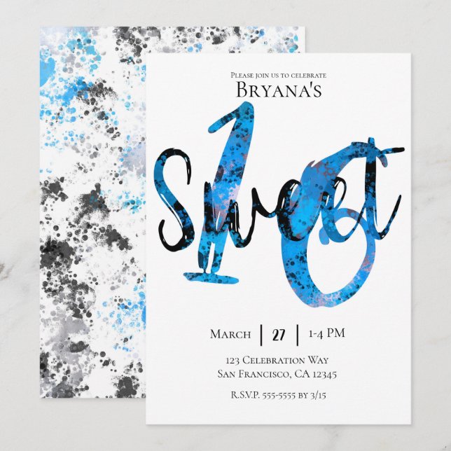 Blue Black Silver Splatter Sweet 16 Birthday Invitation (Front/Back)