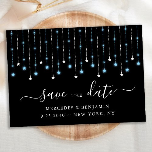 Blue Black Silver Stars String Lights Wedding Save The Date