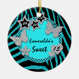 Blue Black Silver Zebra Sweet 15 Photo Ornament
