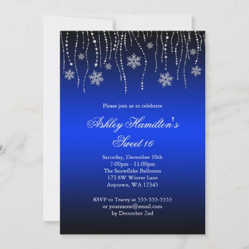 Blue Black Snowflakes Sweet 16 Winter Wonderland Personalized Invitation