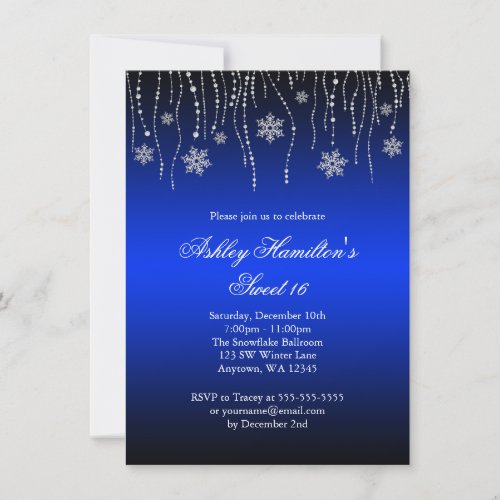 Blue Black Snowflakes Sweet 16 Winter Wonderland Invitation