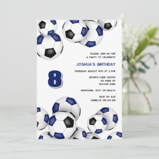 blue black soccer balls kids birthday party invitation
