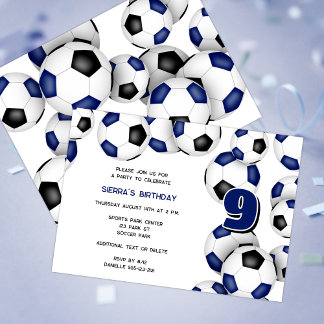 blue black soccer balls kids birthday party invitation