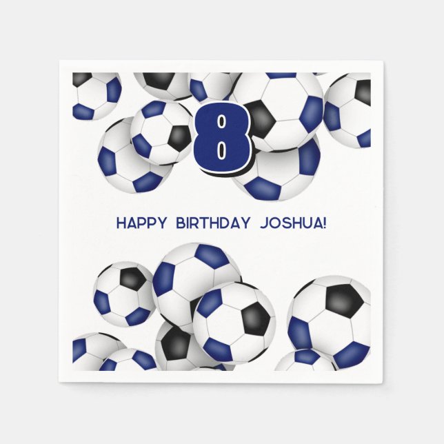 blue black soccer balls kids birthday party napkins (Front)