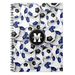 blue black soccer balls pattern monogrammed notebook