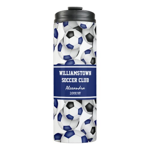 Blue black soccer balls pattern w custom name thermal tumbler