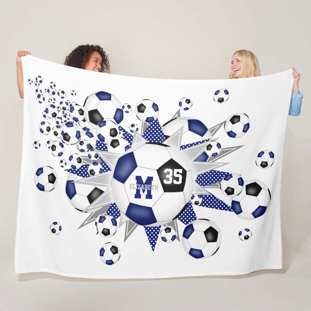 blue black soccer balls stars girls name fleece blanket