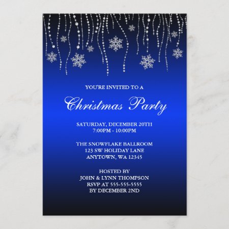 Blue Black Sparkle Snowflakes Christmas Party Invitation