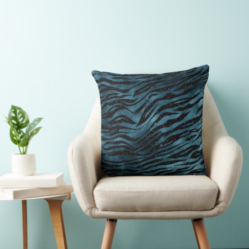 Blue Black Sparkle Zebra Print Throw Pillow