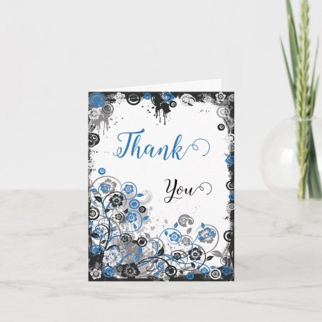 Blue & Black Splatter Floral Thank You Card (Front)