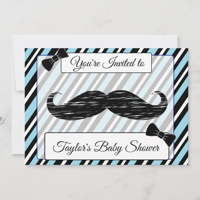 Blue & Black Striped Mustache Baby Shower Invite (Front)