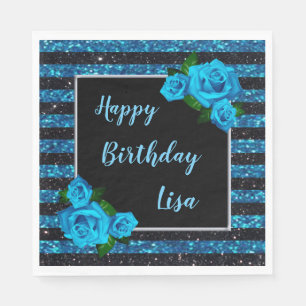Blue Black Stripes Glitter Blue Roses Birthday Napkins