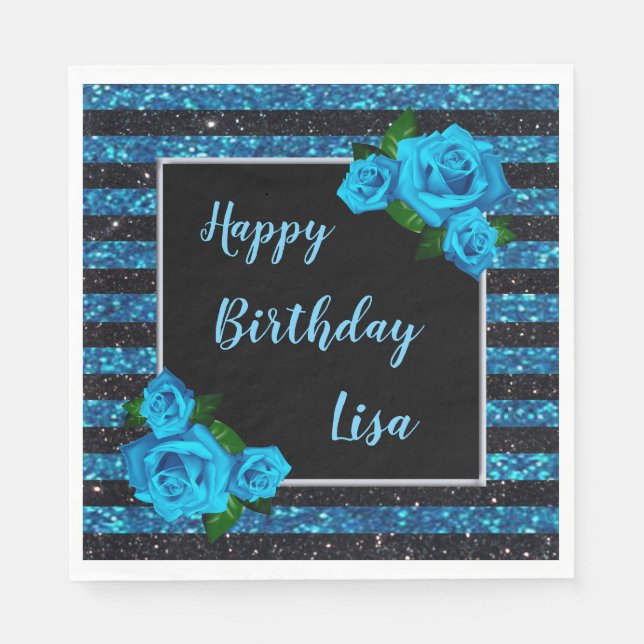 Blue Black Stripes Glitter Blue Roses Birthday Napkins (Front)