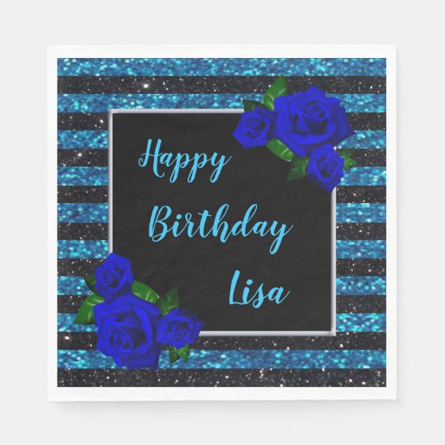 Blue Black Stripes Glitter Deep Blue Rose Birthday Napkins (Front)