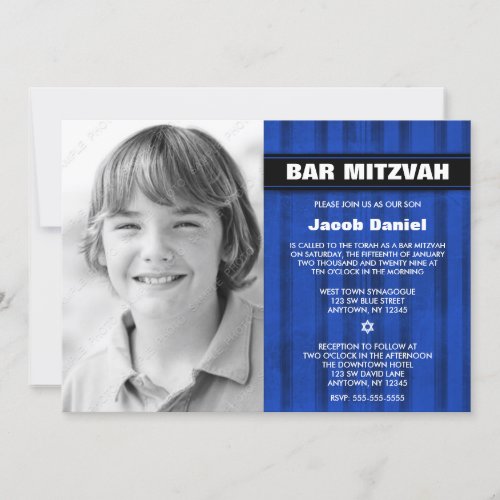 Blue Black Stripes Photo Bar Mitzvah Invitations