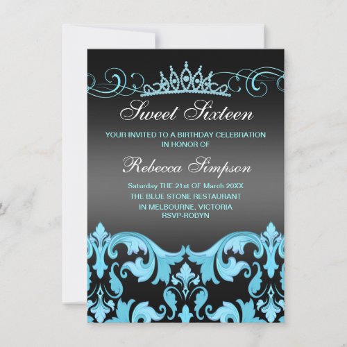 Blue/Black Sweet16 Damask &amp; Tiara Birthday Invite