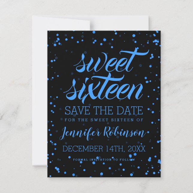 Blue Black Sweet 16 Birthday Save Date Confetti Save The Date (Front)