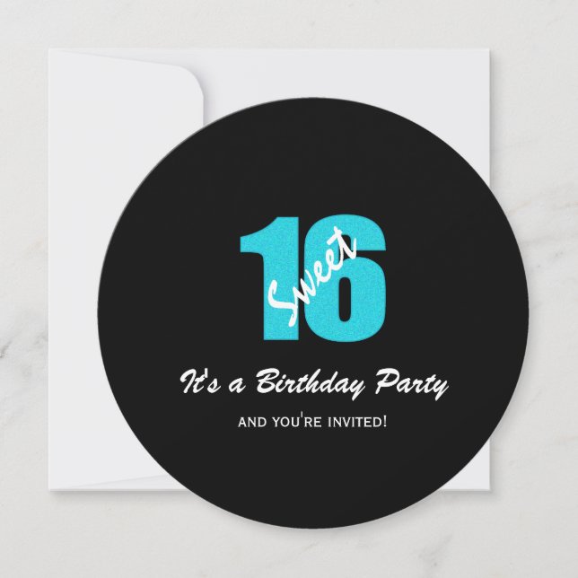 Blue Black Sweet 16 Party Round Invitations (Front)