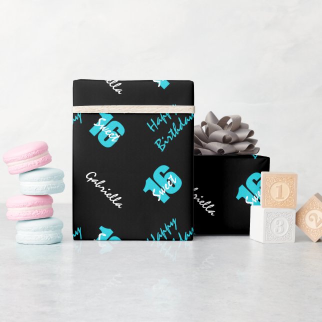 Blue Black Sweet 16 Personalized Wrapping Paper (Baby Shower)