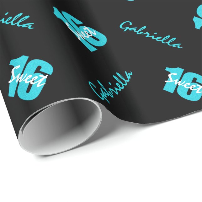 Blue Black Sweet 16 Personalized Wrapping Paper (Roll Corner)