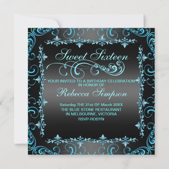 Blue/Black Sweet Sixteen Swirl Birthday Invite (Front)