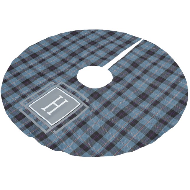Blue Black Tartan Monogram  Brushed Polyester Tree Skirt (Angled)
