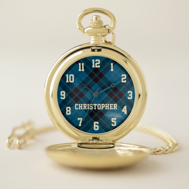 Blue Black Tartan Plaid Personalized Name Retro Pocket Watch (Inside)