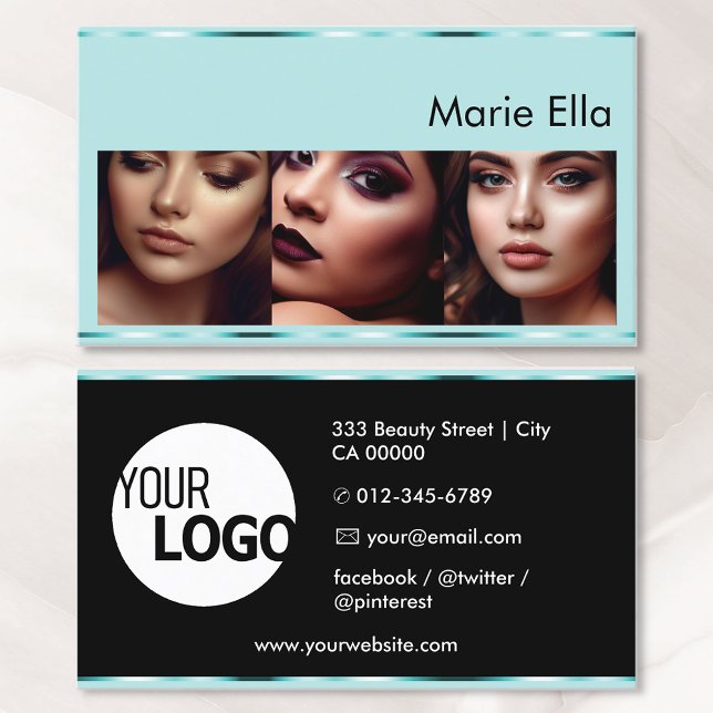 Blue Black Teal Glam Decoration with Logo Photos Business Card (Creator Uploaded)