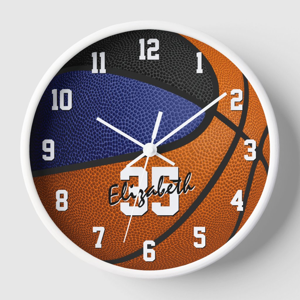 blue black team colors basketball personalized wall clock