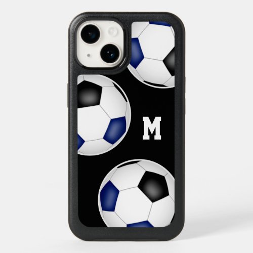 blue black team colors soccer balls monogrammed OtterBox iPhone 14 case