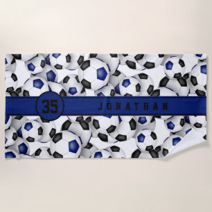 Blue black team colors soccer balls pattern beach towel
