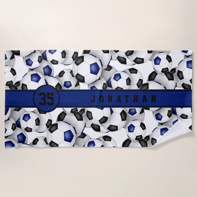 Blue black team colors soccer balls pattern beach towel (Front)