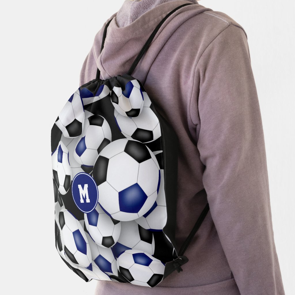 blue black team colors soccer balls pattern drawstring bag