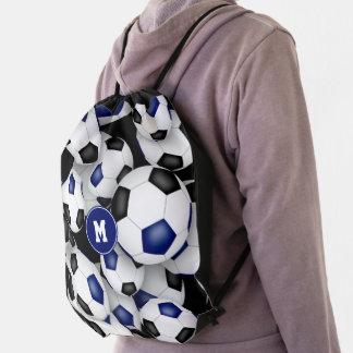 blue black team colors soccer balls pattern drawstring bag