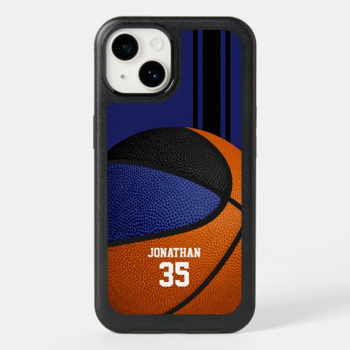 blue black team colors varsity stripes basketball OtterBox iPhone 14 case