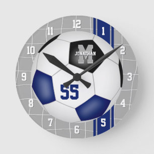 Blue black team colors varsity stripes soccer round clock