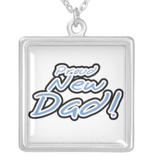 Blue/Black Text Proud New Dad Gifts Silver Plated Necklace