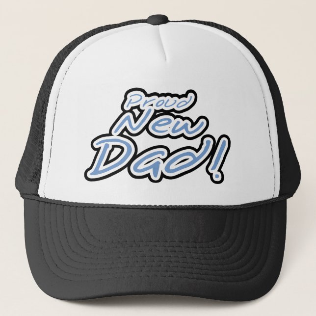 Blue/Black Text Proud New Dad Trucker Hat (Front)