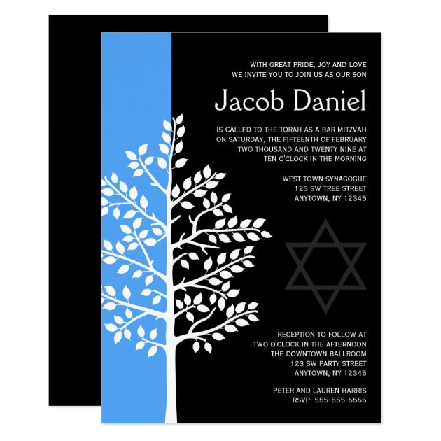 Blue Black Tree Of Life Bar Mitzvah Invitations