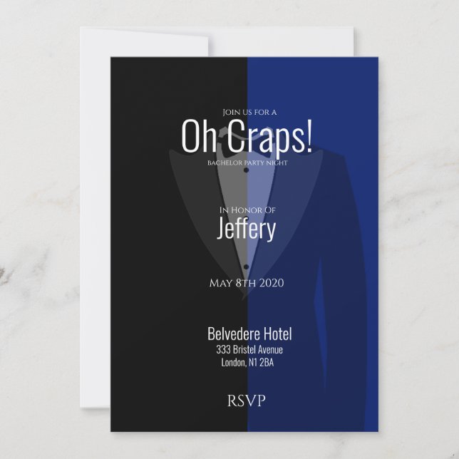 Blue black tuxedo bachelor party save the date (Front)