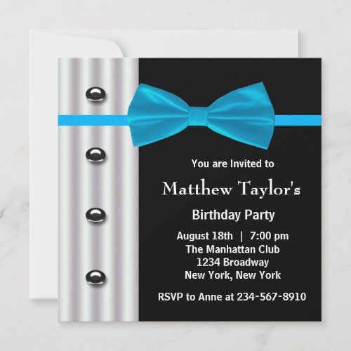 Blue Black Tuxedo Bow Tie Mens Birthday Party Invi Invitation