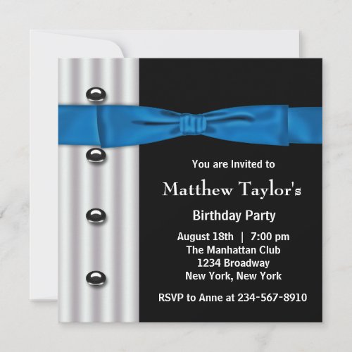 Blue Black Tuxedo Bow Tie Mens Birthday Party Invitation