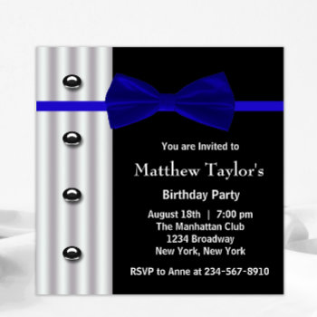 Blue Black Tuxedo Bow Tie Mens Birthday Party Invitation by InvitationCentral at Zazzle