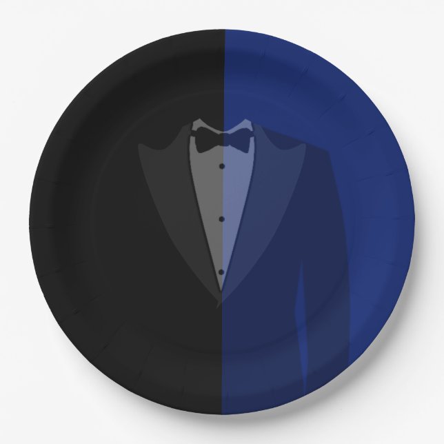 Blue/black tuxedo print paper plates (Front)