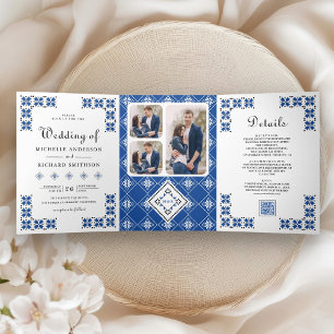 Blue Black Ukrainian Embroidery QR Code Wedding Tri-Fold Invitation