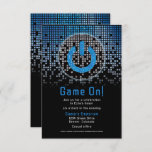 Blue Black Video Game Gamer Bar Mitzvah  Enclosure Card<br><div class="desc">Blue, black, and grey (gray) raining pixel gamer or video game Bar Mitzvah reception party insert card. This non-traditional gamer inspired video gaming design features a video game console power on button. There are also blue and grey (gray) raining or cascading digital style computer pixels along the top of the...</div>