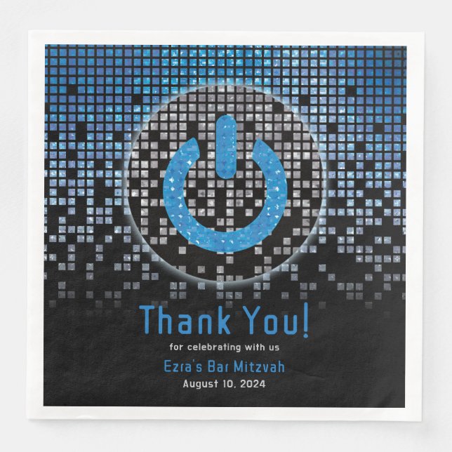 Blue Black Video Game Gamer Bar Mitzvah Paper Dinner Napkins (Front)