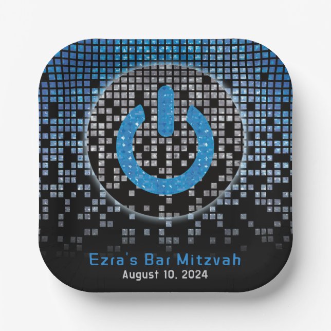Blue Black Video Game Gamer Bar Mitzvah Paper Plates (Front)